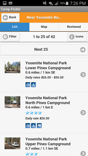 Camp Finder Android App - Campground list view search results with amenities, rates and ratings
