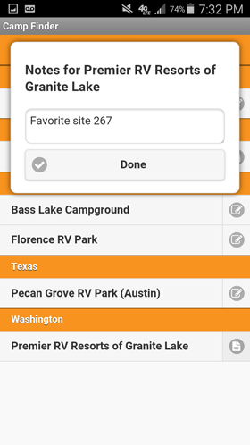 Camp Finder Android App - Personal notes on Favorite Campground