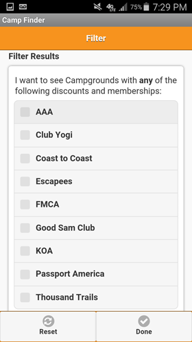 Camp Finder Android App - Filter Discount Clubs