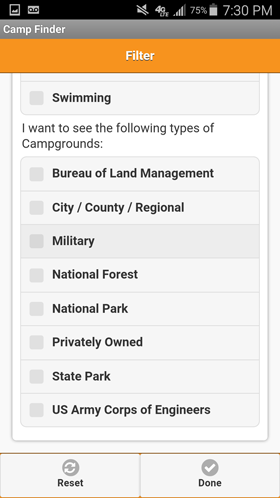 Camp Finder Android App - Filter by Park Type