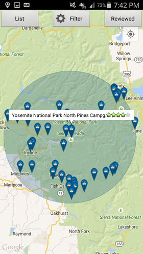 Camp Finder Android App - Campground map search results