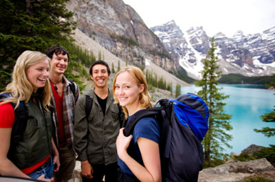 A group of friends on a camping / hiking trip in the mountains