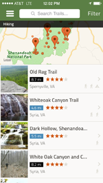 AllTrails app showing hiking trails in Shenandoah National Park