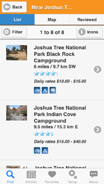 Camp Finder App showing a list of Joshua Tree National Park campgrounds with pictures and review ratings