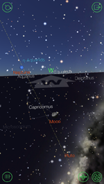 Star Walk app showing the Moon, Pluto and other objects in the night sky