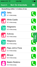 iExit App showing a list of nearby restaurants