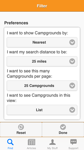 Camp Finder App - Filter view - Preferences