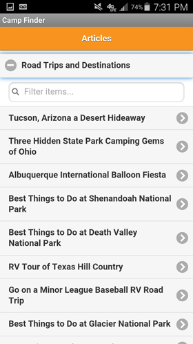 Camp Finder Android App - List of RV and camping articles