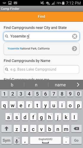 Camp Finder Android App - Campground city search with autocomplete