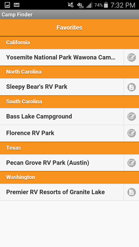 Camp Finder Android App - List of Favorite Campgrounds, RV Parks and RV Resorts