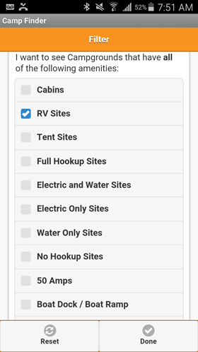 Camp Finder Android App - Filter Amenities