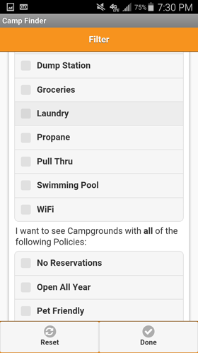 Camp Finder Android App - Filter Amenities and Policies