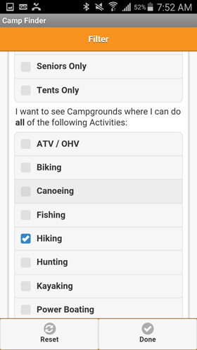 Camp Finder Android App - Filter Policies and Activities