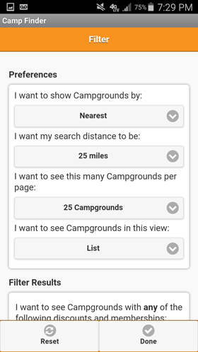 Camp Finder Android App - Filter Preferences