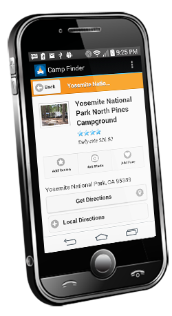 Android phone showing camground search results on Camp Finder app
