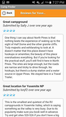 Camp Finder Android App - Yosemite National Park North Pines Campground reviews