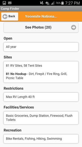 Camp Finder Android App - Yosemite National Park North Pines Campground site details