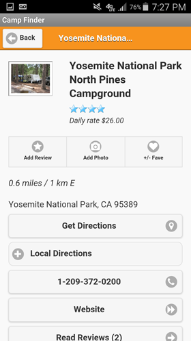 Camp Finder Android App - Yosemite National Park North Pines Campground details including Add Review, Add Photo, Add Favorites, Get Directions, Local Directions, Phone numbers, Email and Web site buttons