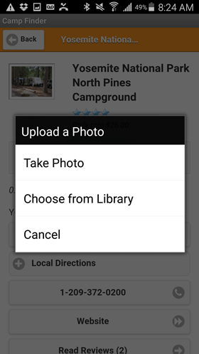 Camp Finder Android App - Upload a Photo view
