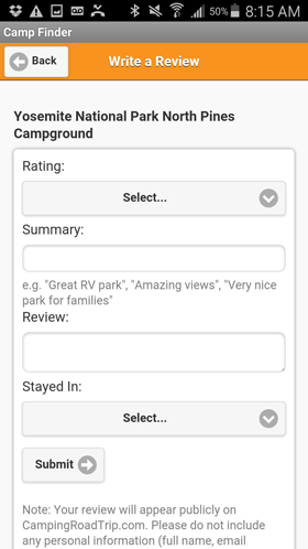 Camp Finder Android App - Write a review view