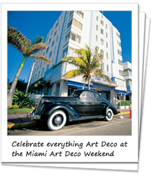 Art Deco car parked outside an Art Deco building in Miami