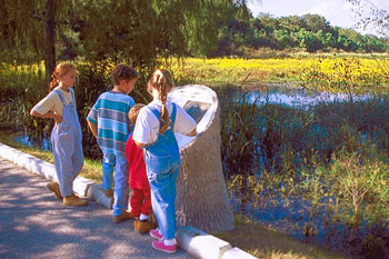 Kids at interpretative panel on Creekfield Lake Nature Trail Brazos Bend State Park