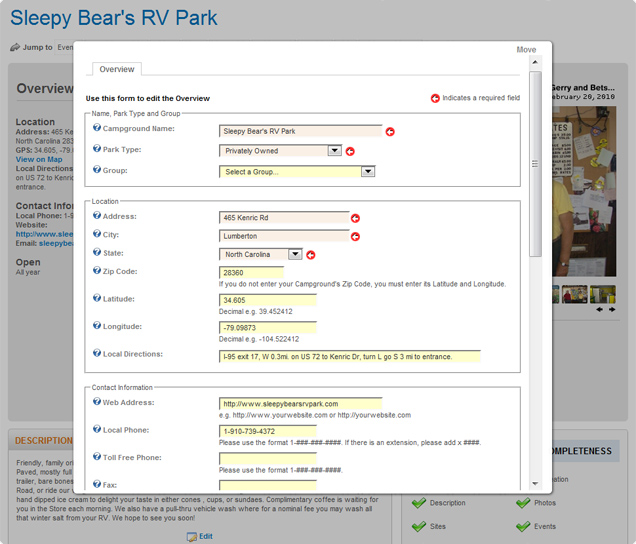 Add or update your campground details whenever you want with our easy to use forms