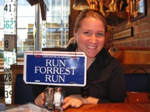 Melissa Williams with a Run Forrest Run sign