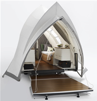Internal view of pop up camper shaped like Sydney Opera House