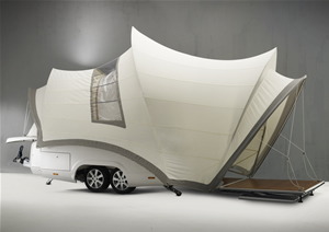 Side view of pop up camper shaped like Sydney Opera House