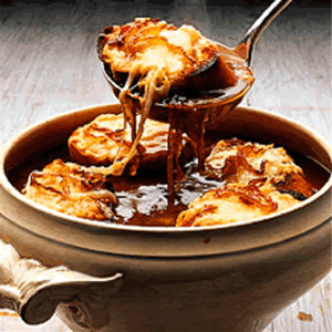 Soup latrine filled with Traditional French Onion Soup