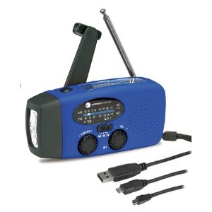 A blue device with a flashlight, radio, antenna, knobs, and black outlet cables sits in front of a white background