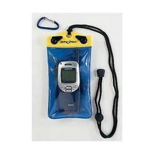A blue cell phone case with a yellow top has an attached lanyard and separate clip and contains a cell phone