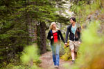 Couple walking along a forest trail