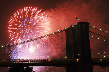 4th of July fireworks over the Brooklyn Bridge, New York