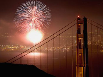 4th of July Fireworks over the bay by the Golden Gate Bridge