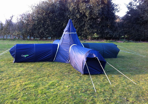 Blue Gigwam Tent System in X shape configuration.