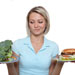Pictures of a woman holding a plate of broccoli and a hamburger