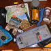 Hiking and camping gear spread across a table