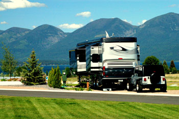 Motorcoach on RV site at Polson Motorcoach and RV Resort MT