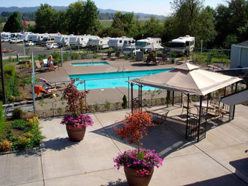 Aerial view of the pool and RV sites at Premier RV Resort Salem