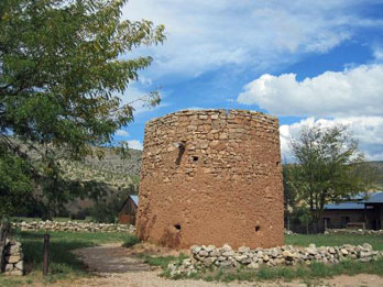 Torreon a 20-foot high round stone tower, part of the Lincoln State Monument, Lincoln NM