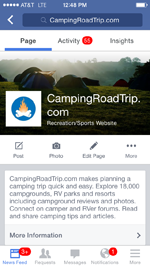Facebook app showing CampingRoadTrip.com Facebook page