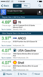Gas Buddy App showing a list of gas stations and gas prices