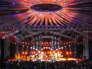 Live band performing under stage lights