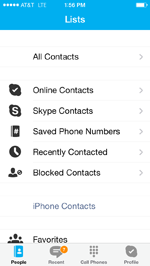 Skype app showing contacts menu