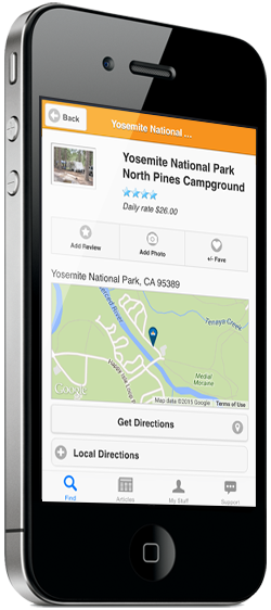 iPhone showing camground search results on Camp Finder app