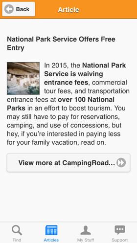 Camp Finder App - Article on National Park Service Offers Free Entry
