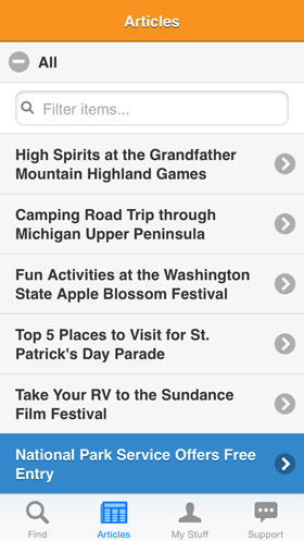 Camp Finder App - Articles view showing a list of camping and RV articles