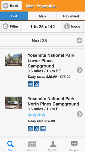 Camp Finder App - Campground list view search results with amenities, rates and ratings